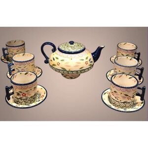 Teapot W/Warmer Stand‎ 6 Cups  & Saucers Set Temptations By Tara Old World Green